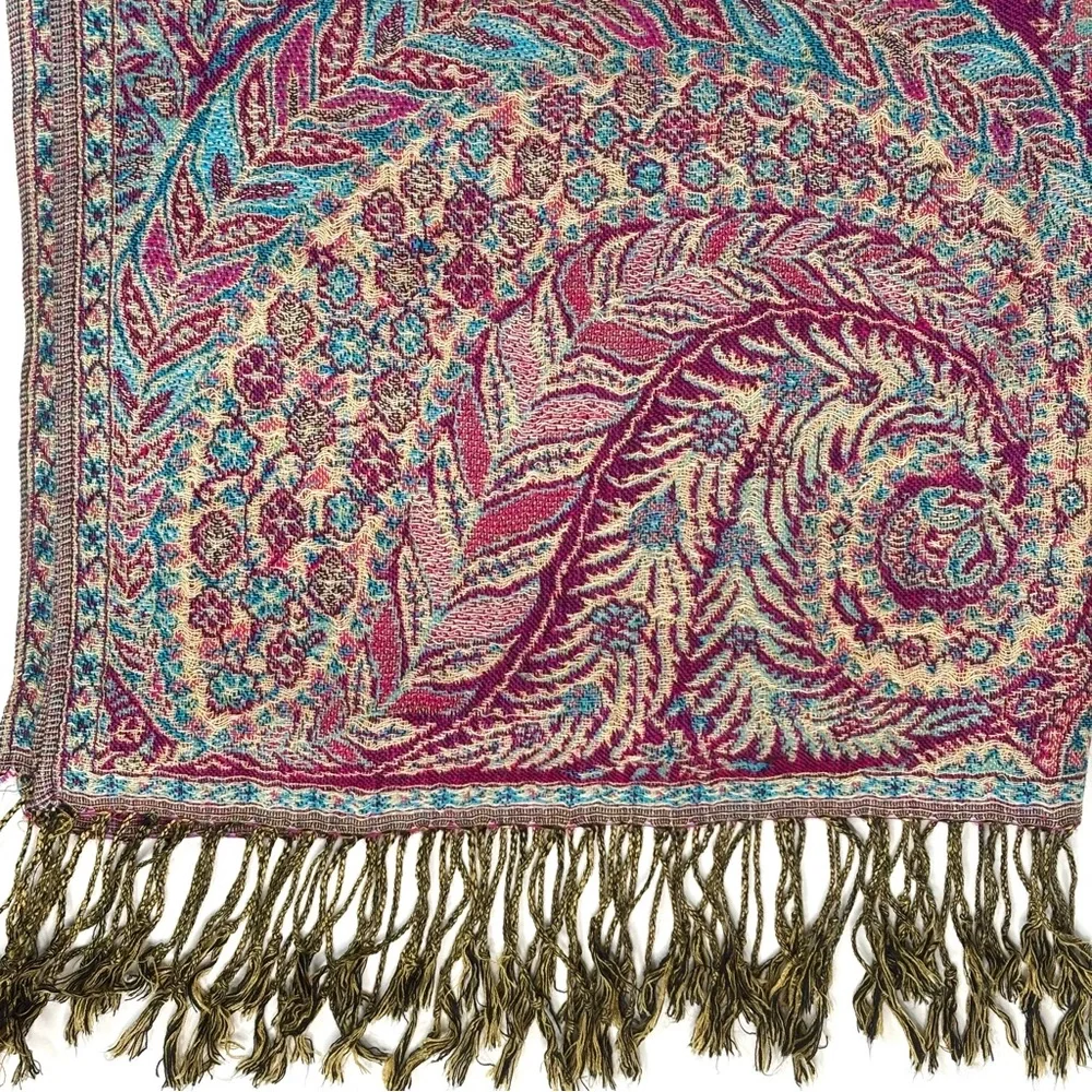 Pashmina Paisley Fuchsia Pink Teal Blue Jewel Tone Boho Silk Blend Scarf Wrap OS